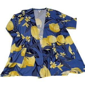 Open Front Knit Cardigan Medium Whimsical Lemon Floral Print Pockets Cottagecore